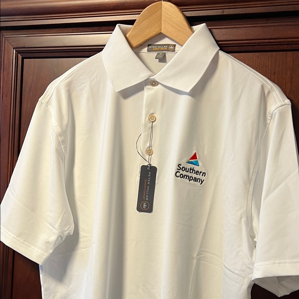 Brand New Peter Millar Crown Sport Snow White Golf Polo w Southern Company Logo!